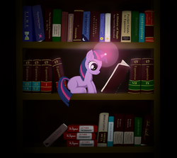Size: 2316x2063 | Tagged: safe, artist:runic-scribe, twilight sparkle, pony, unicorn, g4, blank flank, book, bookshelf, female, filly, filly twilight sparkle, glowing horn, high res, horn, library, solo, unicorn twilight, younger