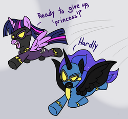 Size: 759x703 | Tagged: safe, artist:varemia, nightmare moon, twilight sparkle, alicorn, pony, g4, clothes, dialogue, female, flying, mare, personality swap, shadowbolts costume, twilight sparkle (alicorn), wonderbolts uniform