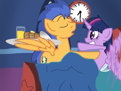 Size: 1024x768 | Tagged: safe, artist:biosonic100, flash sentry, twilight sparkle, alicorn, pegasus, pony, g4, backwards cutie mark, bed, bedroom, breakfast, clock, couple, female, food, male, mare, orange juice, pancakes, ship:flashlight, shipping, story in the source, straight, twilight sparkle (alicorn), wing hands