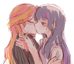 Size: 670x579 | Tagged: safe, artist:gyaheung, sunset shimmer, twilight sparkle, human, g4, blushing, duo, eyes closed, female, french kiss, humanized, kissing, lesbian, ship:sunsetsparkle, shipping, sweat