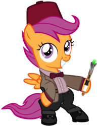 Size: 788x1013 | Tagged: safe, artist:cloudy glow, scootaloo, pegasus, pony, g4, alternate clothes, blazer, boots, bowttie, clothes, cute, cutealoo, doctor who, eleventh doctor, female, fez, filly, foal, hat, leather, leather boots, pinstripe, shirt, shoes, simple background, solo, sonic screwdriver, transparent background, tweed