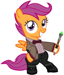 Size: 826x967 | Tagged: safe, artist:cloudy glow, scootaloo, pegasus, pony, g4, alternate clothes, blazer, boots, bowtie, clothes, cute, cutealoo, doctor who, eleventh doctor, female, filly, foal, leather, leather boots, madeleine peters, matt smith, pants, pinstripe, shirt, shoes, simple background, solo, sonic screwdriver, transparent background, tweed