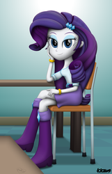 Size: 3213x5004 | Tagged: safe, artist:kiowa213, rarity, equestria girls, g4, bedroom eyes, belt, blouse, boots, bracelet, canterlot high, chair, clothes, female, hair, hairpin, high heel boots, jewelry, looking at you, makeup, raised leg, signature, sitting, skirt, solo, table, teenager