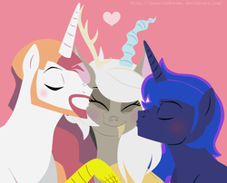 Size: 1174x948 | Tagged: dead source, safe, artist:jaquelindreamz, princess celestia, princess luna, alicorn, draconequus, pony, g4, adoreris, artemabetes, blushing, cheek kiss, cute, eris, eris gets all the stallions, eyes closed, female, front view, heart, kiss sandwich, kissing, male, neckbeard, nose wrinkle, pink background, polyamory, prince artemis, prince solaris, royal brothers, rule 63, rule63betes, ship:arteris, ship:lunacord, ship:soleris, shipping, side view, simple background, smiling, straight, trio