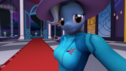 Size: 1920x1080 | Tagged: safe, trixie, anthro, g4, 3d, bedroom eyes, bodysuit, breasts, female, hat, looking at you, nudity, samus aran, selfie, solo, source filmmaker, trixie's hat, zero suit