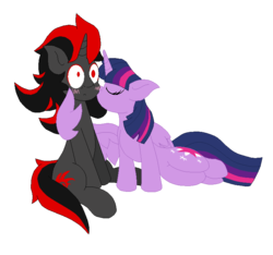 Size: 780x729 | Tagged: safe, artist:thelunarmage, twilight sparkle, alicorn, pony, g4, blushing, commission, crossover shipping, female, hug, kissing, male, mare, ponified, shadow the hedgehog, shadtwi, shipping, simple background, sonic the hedgehog, sonic the hedgehog (series), straight, transparent background, twilight sparkle (alicorn), winghug