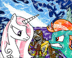 Size: 596x480 | Tagged: dead source, safe, artist:urbancowboy117, fleur-de-lis, lightning dust, pegasus, pony, unicorn, g4