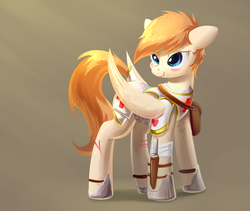 Size: 1401x1181 | Tagged: safe, artist:underpable, oc, oc only, oc:sacred heart, pegasus, pony, bandage, blushing, floppy ears, hoof shoes, knife, male, satchel, solo, stallion, standing