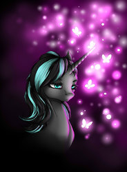 Size: 1280x1741 | Tagged: safe, artist:ilquira, oc, oc only, butterfly, pony, unicorn, butterfly on horn, horn, solo