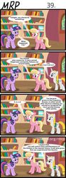 Size: 800x2153 | Tagged: safe, artist:umneem, lily, lily valley, twilight sparkle, oc, oc:dispersion, alicorn, earth pony, pony, unicorn, comic:my rational pony, g4, 4koma, book, bookshelf, comic, female, golden oaks library, mare, twilight sparkle (alicorn)