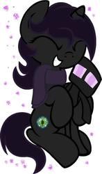 Size: 422x720 | Tagged: safe, artist:laser-pancakes, oc, oc only, oc:endie, enderman, pony, unicorn, eyes closed, horn, hug, minecraft, plushie, sitting, smiling, solo, unicorn oc