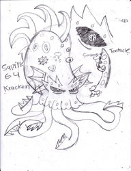 Size: 783x1021 | Tagged: safe, artist:toon-n-crossover, squirk, kraken, octopus, g1, g4, the ghost of paradise estate, antagonist, barnacles, concept art, g1 to g4, g4 style, generation leap, male, monochrome, sketch, solo, tentacles, traditional art
