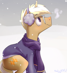 Size: 1280x1394 | Tagged: safe, artist:hoodoo, trenderhoof, pony, unicorn, g4, clothes, cute, earmuffs, glasses, male, profile, scarf, sitting, smiling, snow, snowfall, solo, stallion, sweater, winter