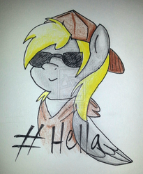 Size: 1024x1249 | Tagged: dead source, safe, artist:chub-wub, derpy hooves, pegasus, pony, g4, backwards ballcap, clothes, deviantart watermark, female, hashtag, hat, hella, hoodie, mare, obtrusive watermark, solo, sunglasses, traditional art, watermark
