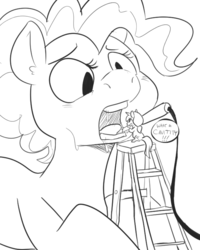 Size: 600x750 | Tagged: safe, artist:mt, pinkie pie, g4, dentist, drill, ladder, micro, monochrome, nervous, open mouth, sweat, teeth