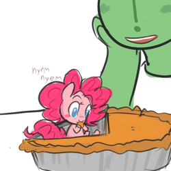 Size: 500x500 | Tagged: dead source, safe, artist:mt, pinkie pie, oc, oc:anon, human, g4, cute, diapinkes, eating, micro, no pupils, nom, onomatopoeia, pie, pumpkin pie, that pony sure does love pies, tiny ponies