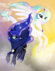 Size: 700x907 | Tagged: safe, artist:giuliabeck, princess celestia, princess luna, g4, duo, flying, sisters