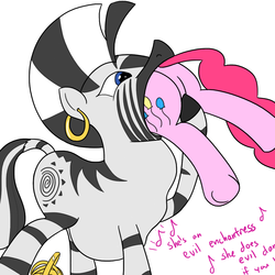 Size: 1200x1200 | Tagged: safe, artist:varemia, pinkie pie, zecora, pony, zebra, g4, butt, dialogue, female, fetish, mare, oral vore, pinkie prey, plot, swallowing, throat bulge, vore