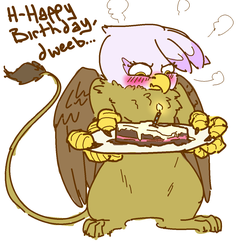 Size: 1224x1241 | Tagged: safe, artist:nobody, gilda, griffon, g4, blushing, cake, chest fluff, dweeb, female, gift art, happy birthday, solo, tsundere