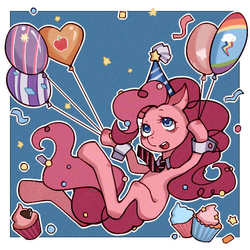 Size: 500x500 | Tagged: safe, artist:himariday, pinkie pie, g4, balloon, blank flank, female, hat, necktie, party hat, pixiv, solo