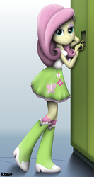Size: 3315x6213 | Tagged: safe, artist:kiowa213, fluttershy, butterfly, equestria girls, g4, absurd resolution, bedroom eyes, boots, clothes, female, high heel boots, leaning, lockers, looking at you, signature, skirt, socks, solo, tank top