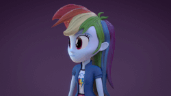 Size: 640x360 | Tagged: safe, artist:creatorofpony, artist:fimoman, rainbow dash, equestria girls, g4, 3d, animated, arms, blender, breasts, bust, clothes, collar, female, grin, happy, head tilt, long hair, looking at you, open mouth, shirt, short sleeves, skirt, smiling, t-shirt, teenager, teeth, turned head