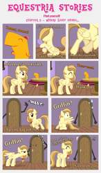 Size: 1800x3090 | Tagged: safe, artist:estories, oc, oc only, oc:alice goldenfeather, oc:comet, pegasus, phoenix, pony, comic:find yourself, g4, alternate hairstyle, brush, comic, cushion, door, hairbrush, table