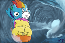 Size: 1800x1200 | Tagged: safe, artist:halflingpony, angel bunny, fluttershy, rainbow dash, pony, g4, surfing