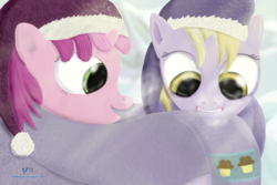 Size: 1800x1200 | Tagged: safe, artist:halflingpony, dinky hooves, ruby pinch, pony, g4, clothes, cold, duo, grin, hat, mouth hold, nom, open mouth, santa hat, scarf, smiling