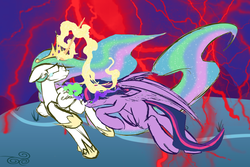 Size: 3000x2000 | Tagged: safe, artist:rebornanimalz, princess celestia, twilight sparkle, alicorn, pony, g4, betrayal, corrupted, corrupted twilight sparkle, dark magic, duo, evil twilight, feels, female, fight, glowing eyes, high res, magic, mare, sombra eyes, this will end in incineration, twilight is anakin, twilight sparkle (alicorn), tyrant sparkle