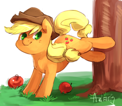 Size: 816x710 | Tagged: safe, artist:audrarius, applejack, g4, 30 minute art challenge, apple, applebucking, female, solo, tree