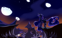Size: 2041x1240 | Tagged: safe, artist:nadnerbd, princess luna, alicorn, pony, g4, beautiful, both cutie marks, cel shading, crown, ethereal mane, ethereal tail, female, folded wings, jewelry, lighting, mare, moon, night, raised hoof, raised leg, regalia, scenery, shading, slender, solo, starry mane, starry tail, tail, thin, underhoof, wings