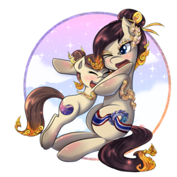 Size: 2048x2048 | Tagged: safe, artist:tikrs007, oc, oc only, oc:mii, oc:siammy, pony, cloud, cute, duo, female, filly, high res, hug, mare, nation ponies, sparkles, thailand