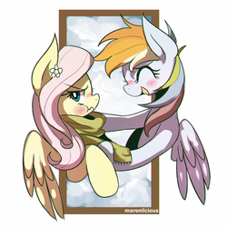 Size: 1200x1200 | Tagged: safe, artist:maren, fluttershy, rainbow dash, pegasus, pony, g4, :t, blushing, clothes, embarrassed, eyes closed, female, filly, flower, flower in hair, fluttertsun, foal, lesbian, mare, open mouth, role reversal, scarf, scrunchy face, ship:flutterdash, shipping, smiling, spread wings, tsundere, wavy mouth, wings