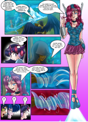 Size: 997x1379 | Tagged: safe, artist:mauroz, pinkie pie, twilight sparkle, human, g4, bra, clothes, comic, cropped, humanized, pink underwear, pinkamena diane pie, see-through, shadowbolts, skirt, underwear, wet