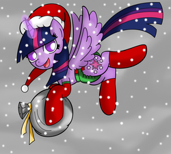 Size: 1097x986 | Tagged: safe, artist:mytatsur, twilight sparkle, alicorn, pony, g4, christmas, clothes, diaper, female, flying, happy, hat, non-baby in diaper, sack, santa sack, snow, snowfall, socks, solo, twilight sparkle (alicorn)