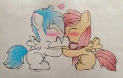Size: 1024x652 | Tagged: safe, artist:dreamyeevee, oc, oc only, blushing, female, male, nuzzling, shipping, straight