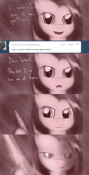 Size: 668x1312 | Tagged: safe, artist:lesang, fluttershy, ask murdershy, g4, horn, laser, tumblr