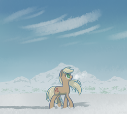 Size: 2800x2500 | Tagged: safe, artist:yo-yall, applejack, g4, female, hatless, high res, missing accessory, smiling, snow, solo, windswept mane, winter