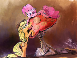 Size: 1600x1202 | Tagged: safe, artist:mozakiaeolus, applejack, pinkie pie, earth pony, pony, g4, duo, fly agaric, giant mushroom, mushroom, toadstool