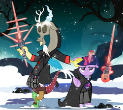 Size: 900x810 | Tagged: safe, artist:pixelkitties, discord, twilight sparkle, alicorn, pony, g4, crossguard lightsaber, crossover, eyes closed, female, floppy ears, frown, glowing horn, horn, leaning, lightsaber, magic, mare, meme, sith, smiling, star wars, star wars: the force awakens, telekinesis, twilight sparkle (alicorn), twilight sparkle is not amused, unamused, weapon