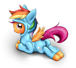 Size: 1000x890 | Tagged: safe, artist:horuru, scootaloo, pegasus, pony, g4, clothes, costume, cute, cutealoo, female, kigurumi, lying down, pixiv, prone, simple background, solo, spread wings, wings