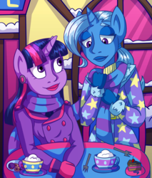 Size: 1700x2000 | Tagged: safe, artist:catlikeacat, trixie, twilight sparkle, anthro, g4, cake, clothes, coffee, cookie, duo, female, gloves, human facial structure, jacket, lesbian, lips, scarf, ship:twixie, shipping, winter