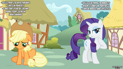 Size: 1189x671 | Tagged: safe, artist:makoruu, applejack, rarity, g4, headcanon, poor, poverty, rich, sad