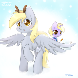 Size: 2000x2000 | Tagged: dead source, safe, artist:mrsremi, derpy hooves, dinky hooves, pegasus, pony, unicorn, g4, clothes, equestria's best mother, high res, scarf, snow, snowfall