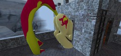 Size: 1280x600 | Tagged: artist needed, source needed, safe, sunset shimmer, pony, unicorn, g4, 3d, bunset shimmer, butt, buttstuck, castle, door, female, giant pony, giantess, gmod, macro, plot, stuck