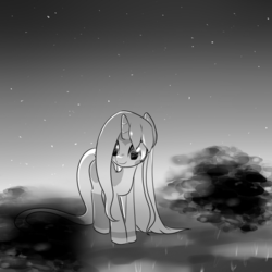 Size: 600x600 | Tagged: safe, artist:celerypony, oc, oc only, oc:celery, pony, unicorn, hair over one eye, hair physics, long mane, long tail, mane physics, monochrome, night, shading, smiling, solo, stars