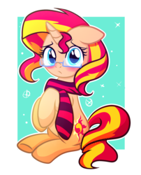 Size: 1488x1840 | Tagged: safe, artist:xwhitedreamsx, sunset shimmer, pony, unicorn, g4, abstract background, blushing, clothes, cute, female, glasses, mare, scarf, shimmerbetes, sitting, solo