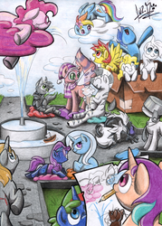 Size: 850x1190 | Tagged: safe, artist:chocolatechilla, pinkie pie, rainbow dash, surprise, trixie, oc, oc:nyx, alicorn, changeling, pony, zebra, g4, alicorn oc, drawing, fountain, mouth hold, pencil, pony in a box, traditional art, trotsdale