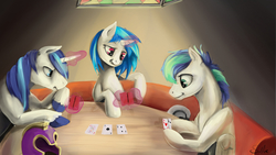 Size: 3840x2160 | Tagged: safe, artist:silfoe, dj pon-3, shining armor, vinyl scratch, pegasus, pony, unicorn, g4, card, commission, female, helmet, high res, levitation, magic, male, mare, poker, royal guard, stallion, table, trio